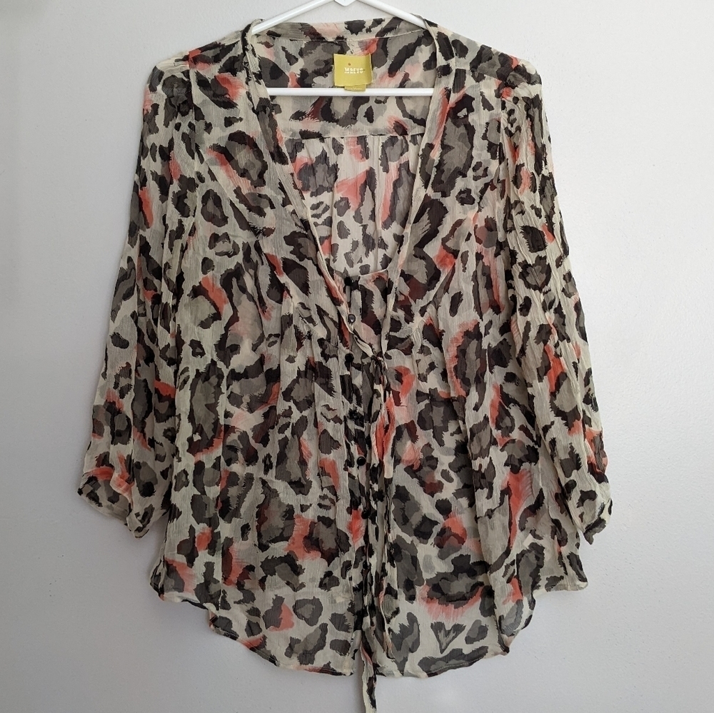 Anthropologie Maeve Sheer Silk Blouse Leopard Print 3/4 Sleeves Size 14